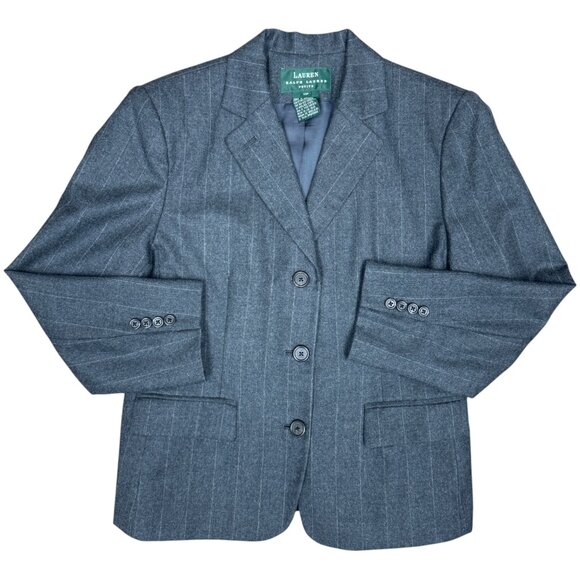EUC Women's LAUREN RALPH LAUREN Wool Pinstripe 3-Button‎ Gray Blazer | Size 10P - Picture 1 of 10